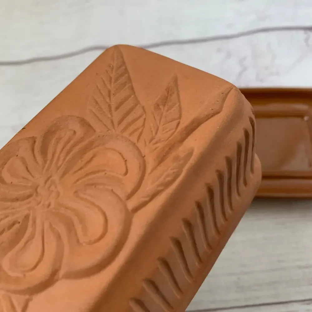 Vintage Terracotta Butter Dish Floral Textured Lid by American Container Co.